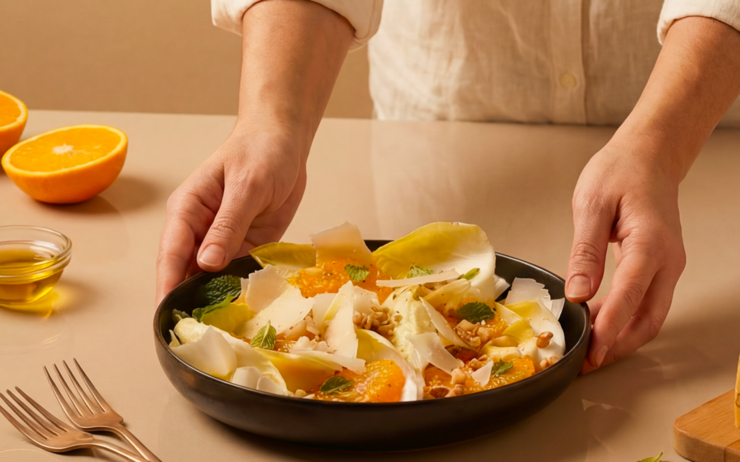 Insalata di invidia belga, noci, arancia caramellata e Grana Padano DOP