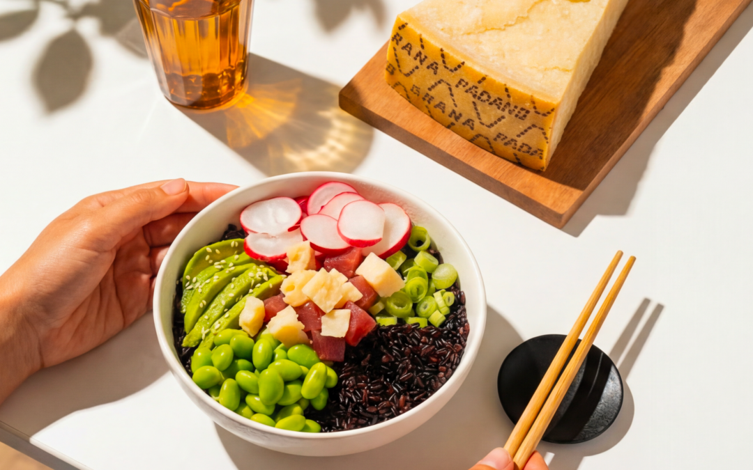 Poke bowl con riso venere, tonno, edamame, avocado, ravanelli in agrodolce e Grana Padano DOP