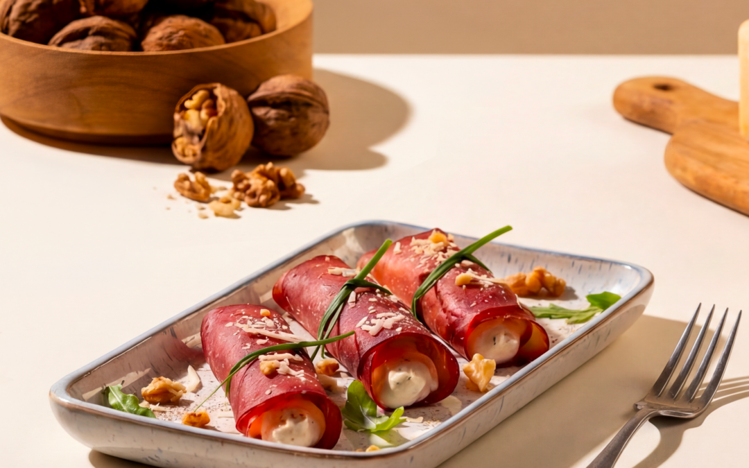Involtini di bresaola con formaggio spalmabile e crema di Grana Padano DOP e lime