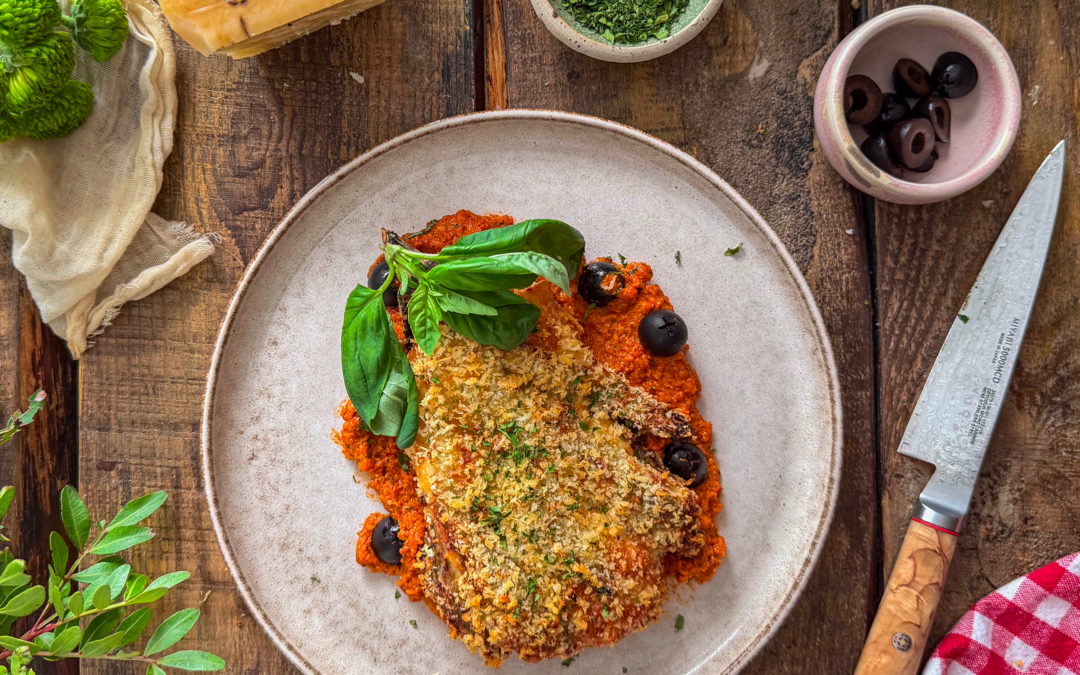 Milanesa de berenjenas crujientes con pesto rojo de Grana Padano