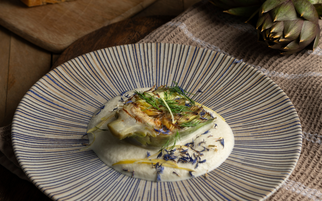Spuma di Grana Padano DOP Riserva con carciofi alla brace e limone candito