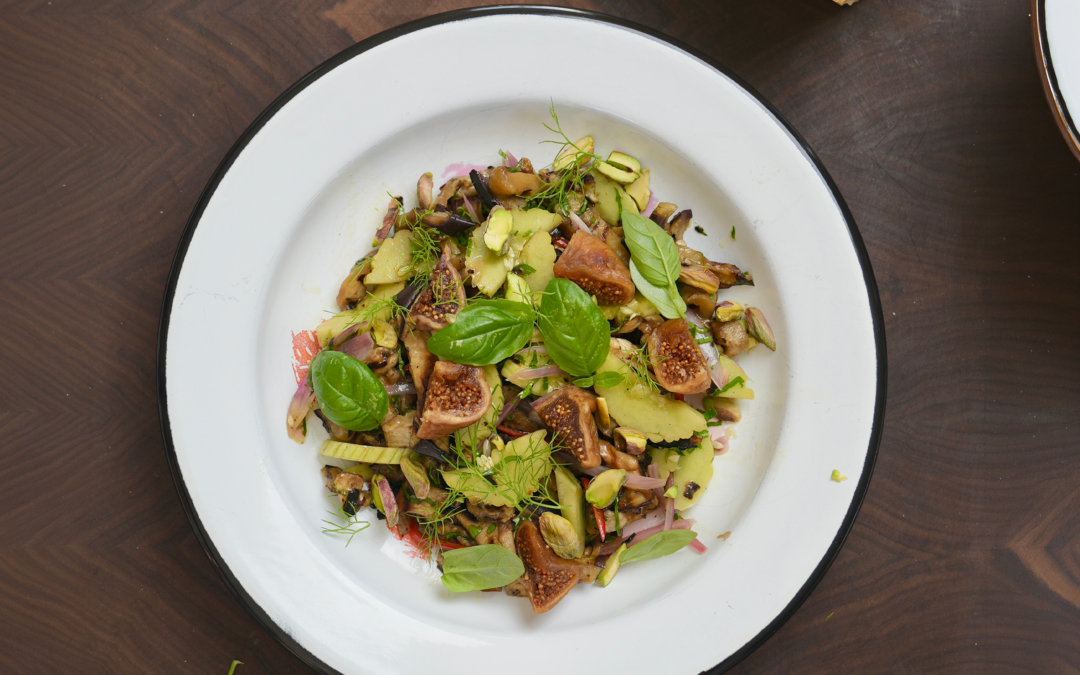 Sweet and sour Aubergines salad with dry figs and Grana Padano PDO