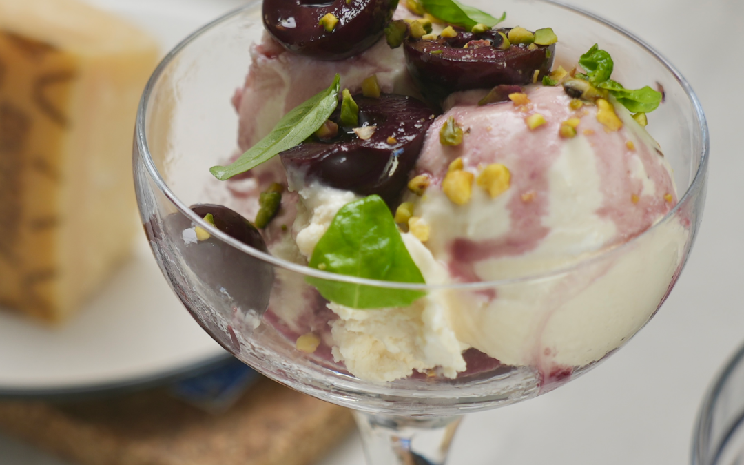 Grana Padano PDO ice cream with red wine cherries