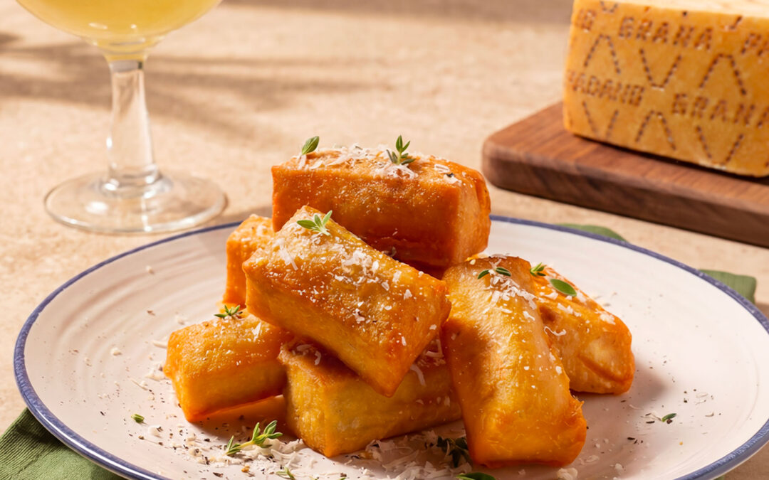 Genoese fried panissa with Grana Padano PDO and a virgin piña colada