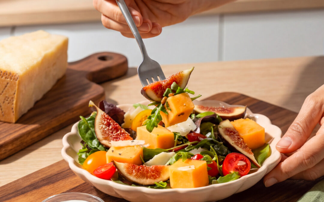 Insalata mista estiva con pomodorini, melone, fichi e Grana Padano DOP
