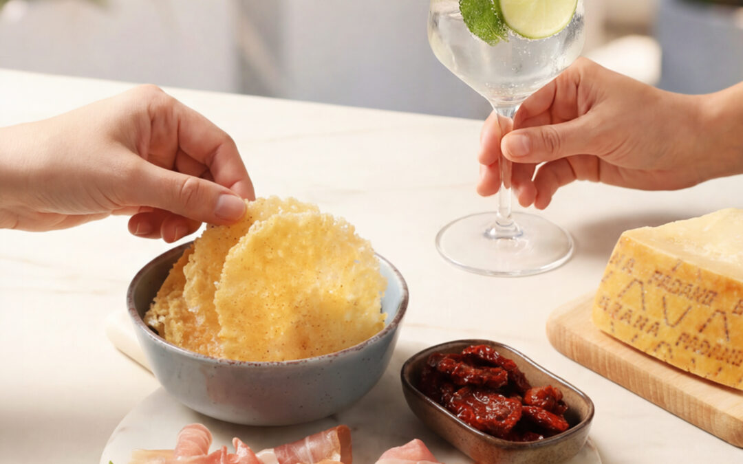 Tuiles de Grana Padano AOP au jambon cru, tomates séchées et Hugo Spritz