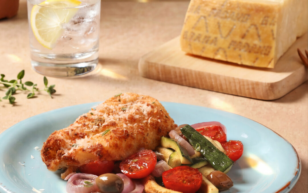 Grana Padano–crusted cod fillet with a dice of summer vegetables