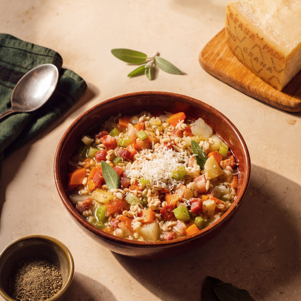 Zuppa dorzo ricetta con pancetta e Grana Padano main 1024x1024